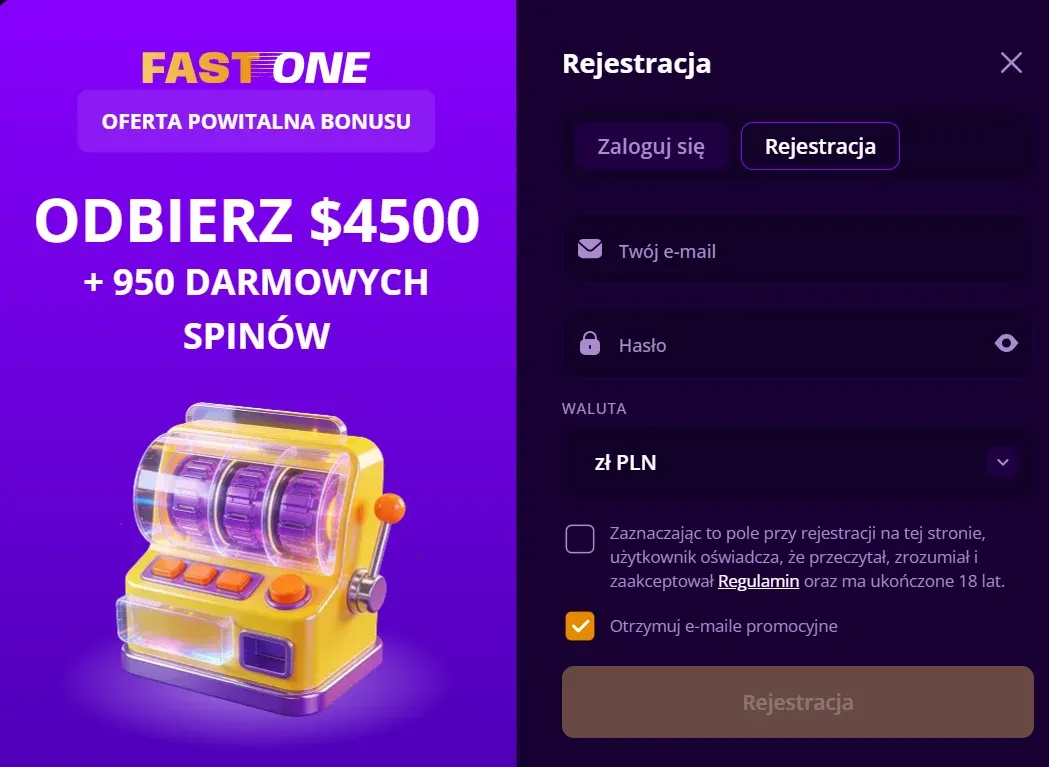 Formularz rejestracji nowego konta gracza w serwisie F1 Casino