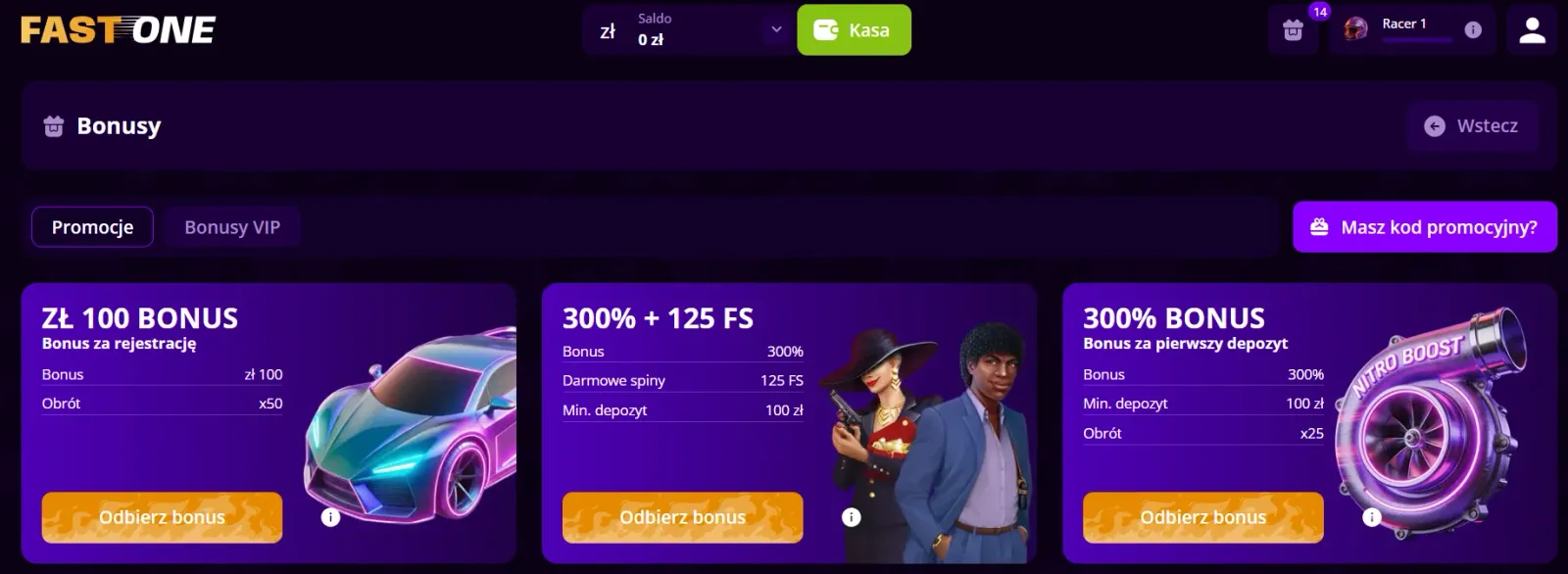 Sekcja promocji i pakietów powitalnych na platformie F1 Casino
